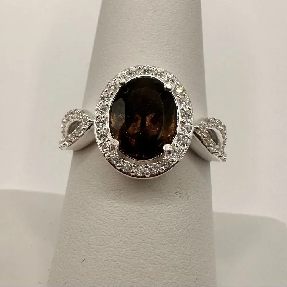 1.5ct Smokey quartz set in‎ solid sterling silver ring with cz diamonds!